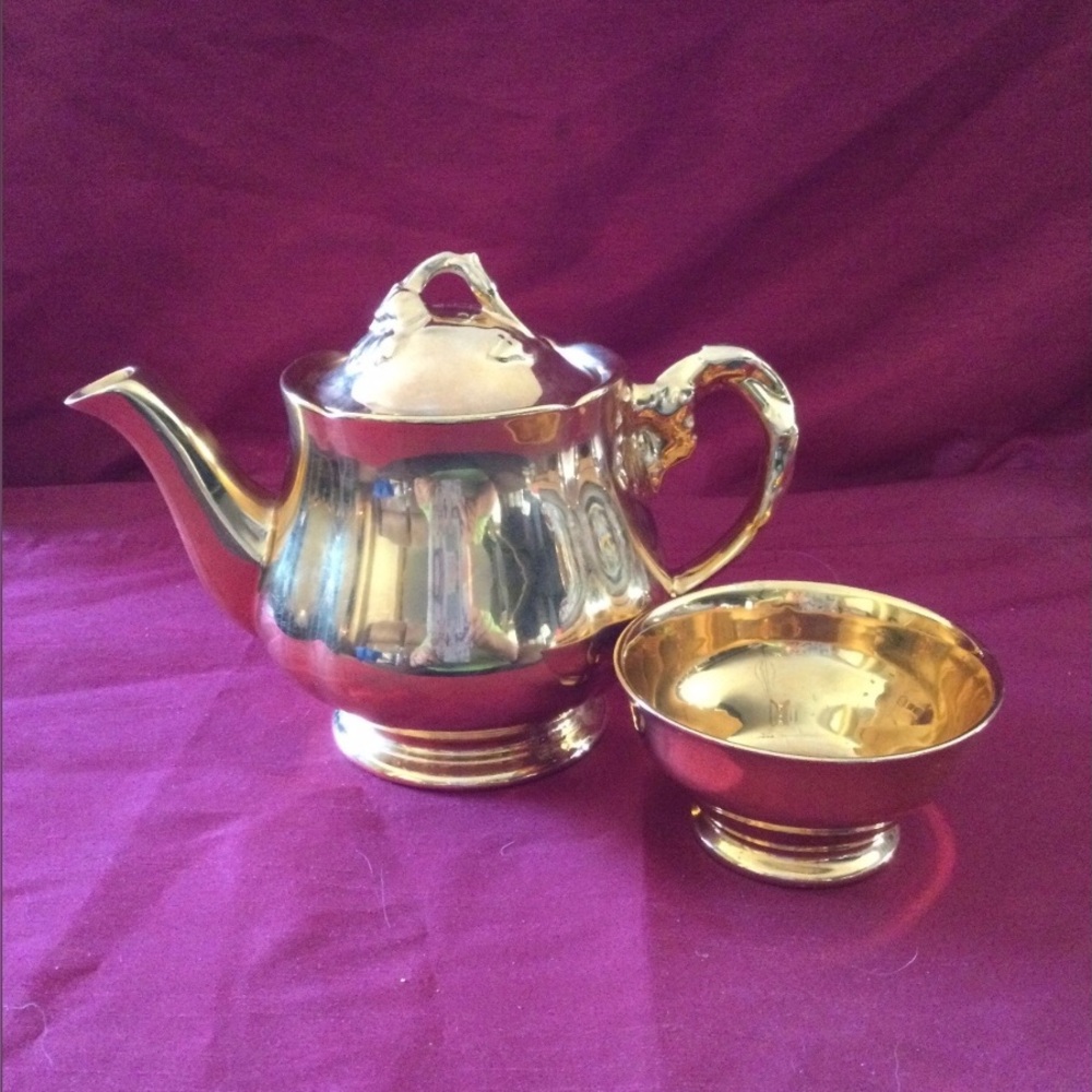 Vintage Royal Winton Gold Teapot & Sugar Dish